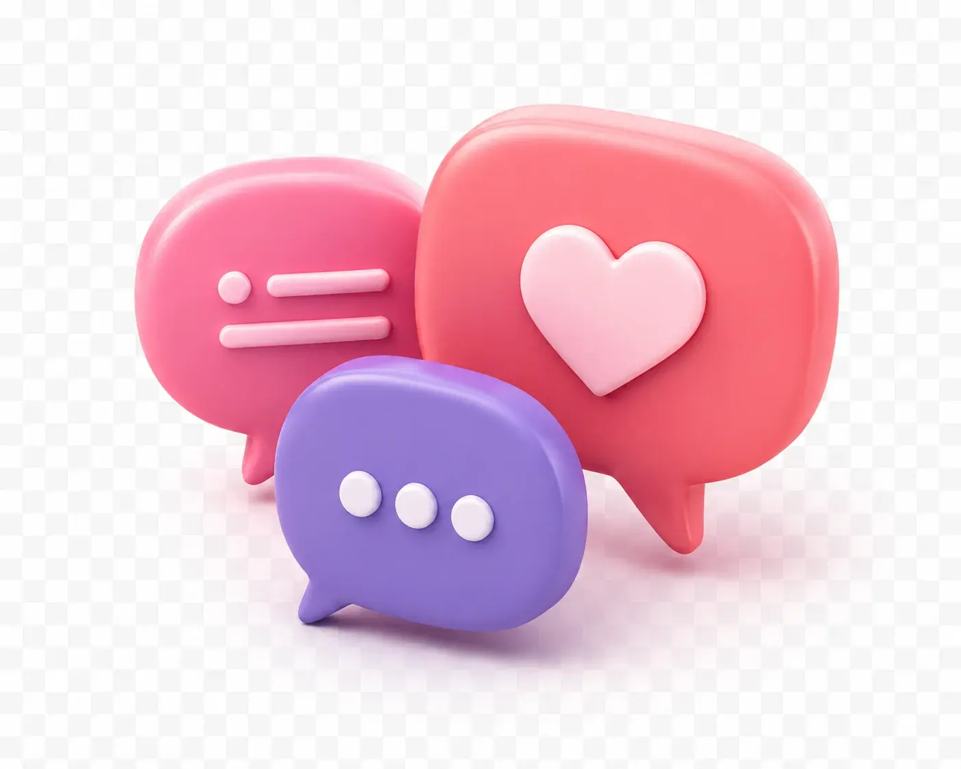 Ilustración 3D de burbujas de conversación rosadas y violetas