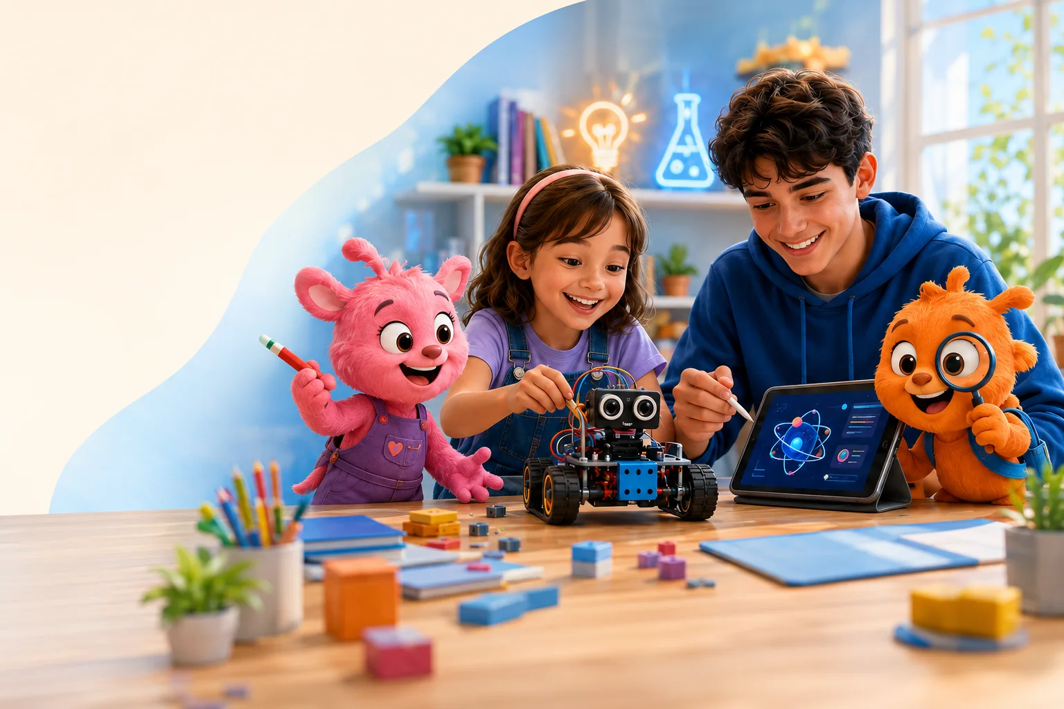 Niña y adolescente construyendo un robot con Zooki y Zooke en una mesa llena de materiales